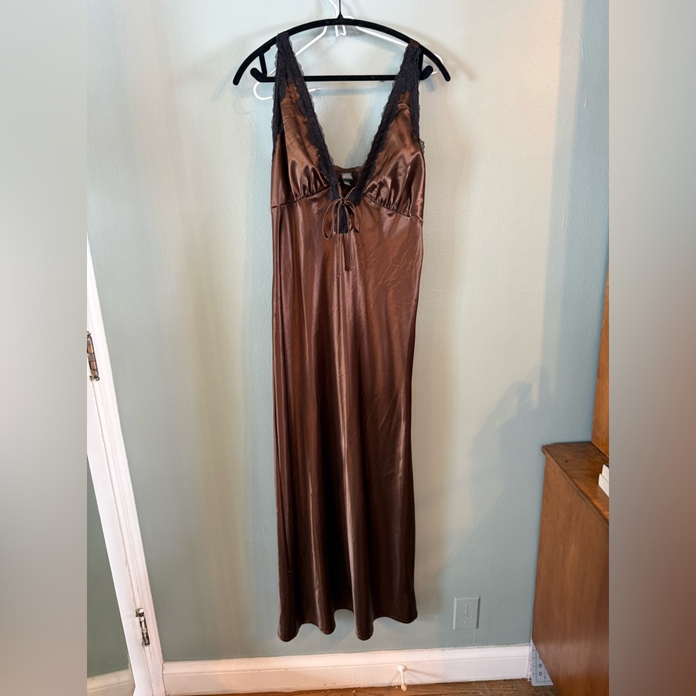 Wild Fable Brown Satin Chemise with Black Lace